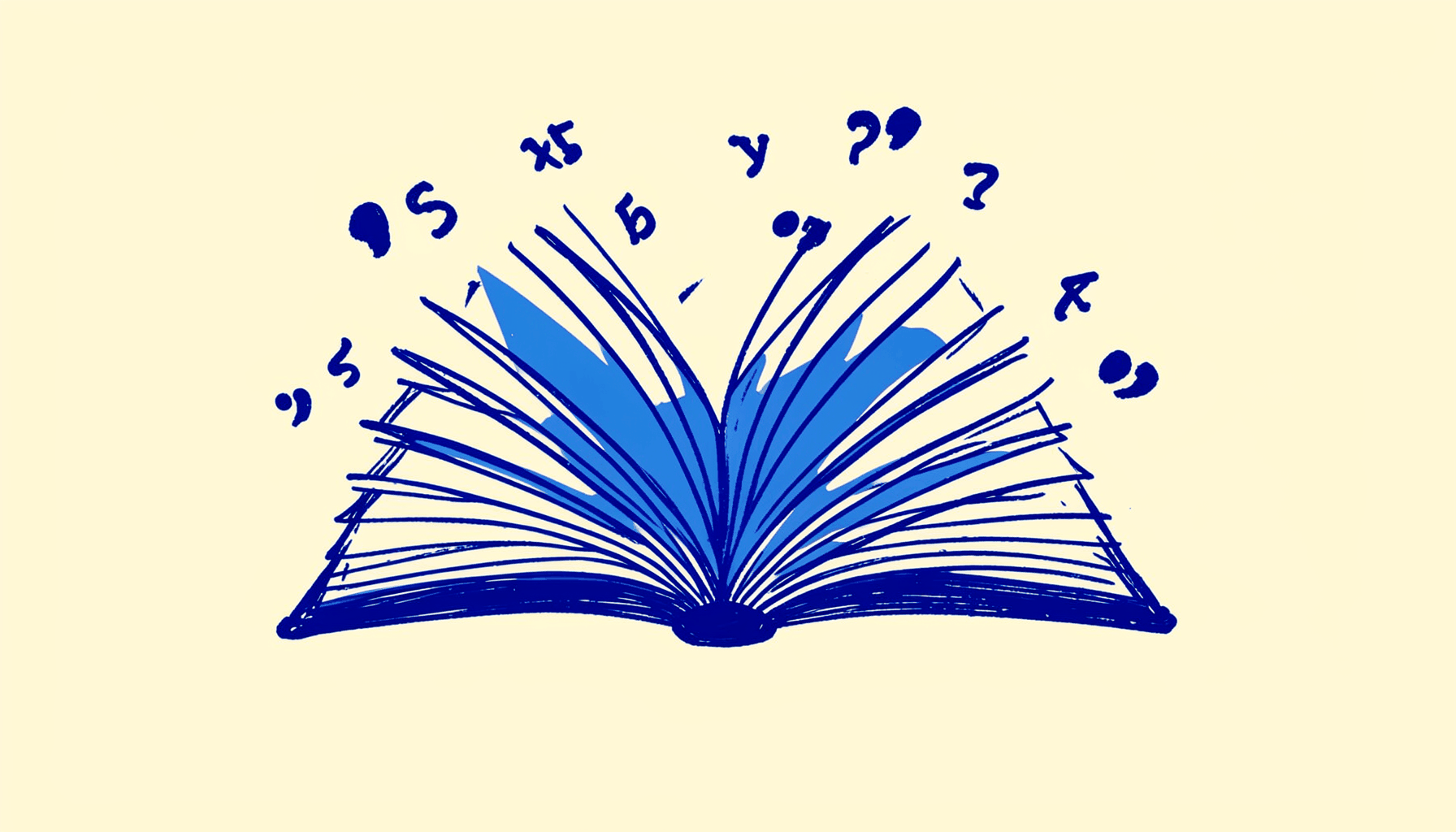 Hand-drawn ink illustration of an open book with pages fanning outward, surrounded by scattered floating letters and quotation marks in navy and royal blue ink on a cream background.